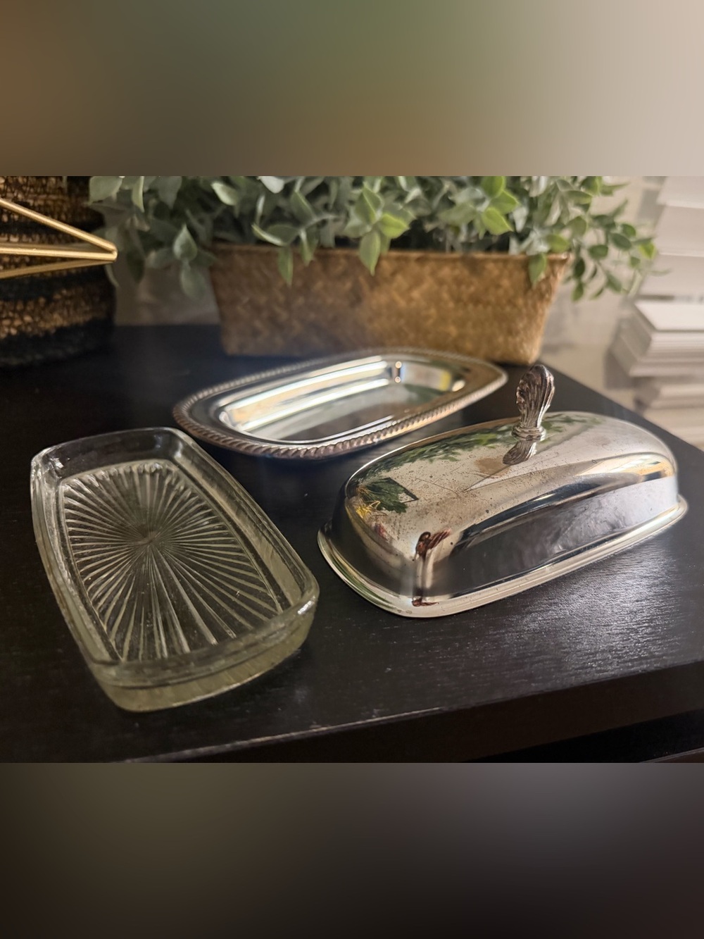 Silver plated Silver Covered Butter Dish with Clear Glass Trays - Home Bat
